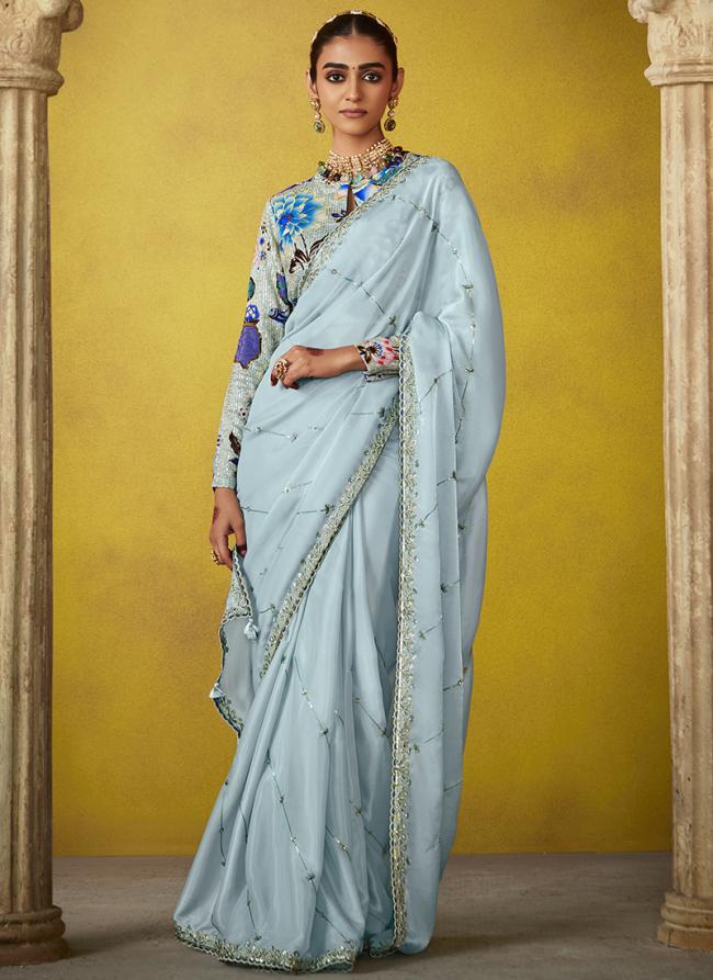 Glass Tissue Sky Blue Wedding Wear Embroidery Work Saree